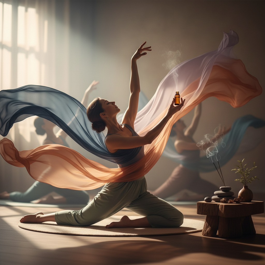 Une femme pratique le yoga dans une salle lumineuse en tenant un flacon d'huile essentielle entourée de voilages colorés flottants.